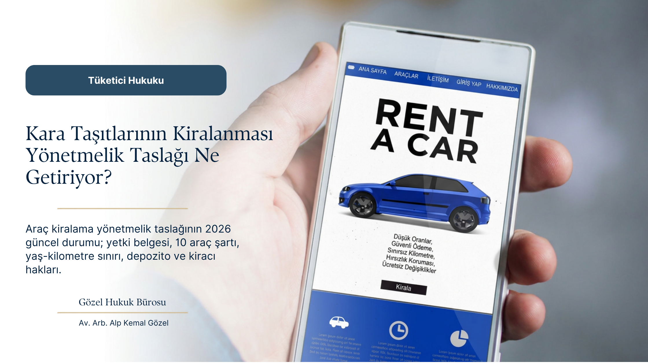 Telefon ekranında kiralık araç ilanı ve araç kiralama yönetmelik taslağı